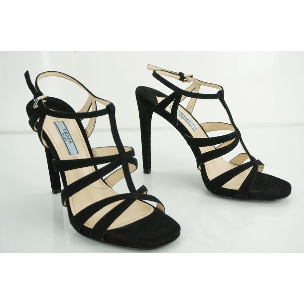 Prada Strappy Black Suede Strappy High Heel Cage Sandals Ankle Strap